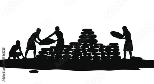 Black silhouette of ancient construction workers building a stone wall with manual labor, featuring laborers lifting heavy stones and stacking masonry blocks on white background.