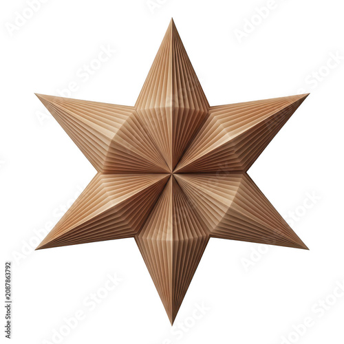 Geometric pleated paper star ornament, brown folded cardboard star decoration, 3D origami star isolated on white background for Christmas and holiday decor