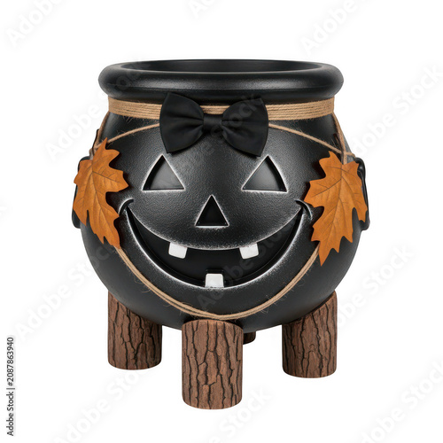 Halloween black cauldron with jack-o-lantern face, decorative witch pot with autumn leaves and bow tie, spooky holiday candy bowl on wood legs