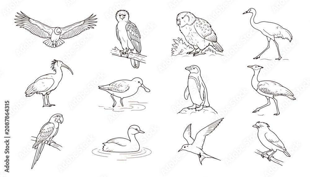 Fototapeta premium Vintage bird line art collection, 12 hand drawn avian illustrations. Retro wildlife sketches of eagle, owl, penguin, and parrot. Minimalist nature vector set.
