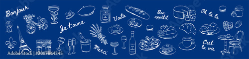 Tableau sur toile Chic Parisian doodles icons of French culture and cuisine on blue background