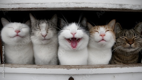 Group of five domestic cats expressing various emotions, with one cat actively laughing and showing teeth while others are happily smiling and joyful inside a wooden drawer