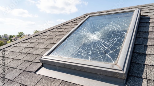 Broken skylight window with spiderweb crack on roof