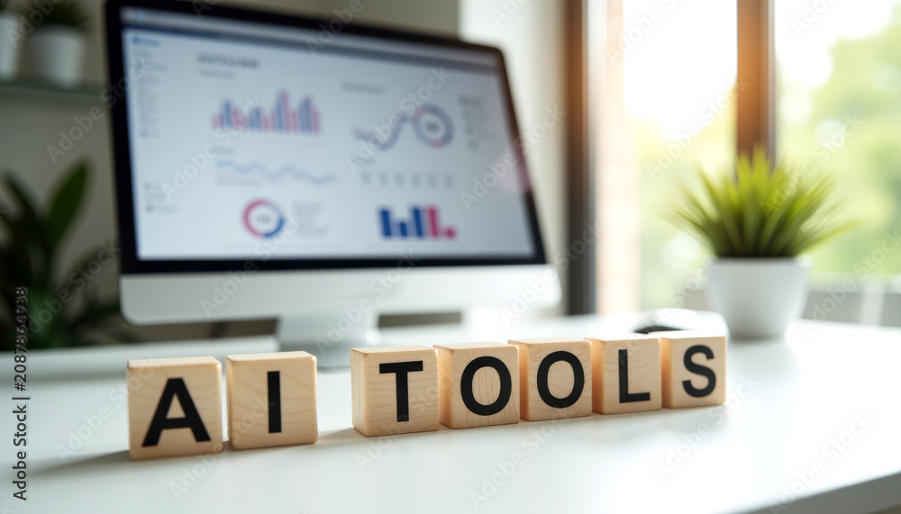 Fototapeta premium AI TOOLS wooden block letters on desk with computer analytics and charts in blurred office background for business presentation banner