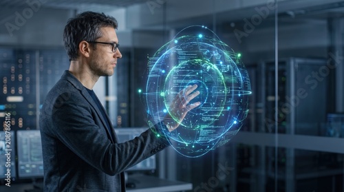 Man in glasses interacts with a futuristic holographic globe in a data center