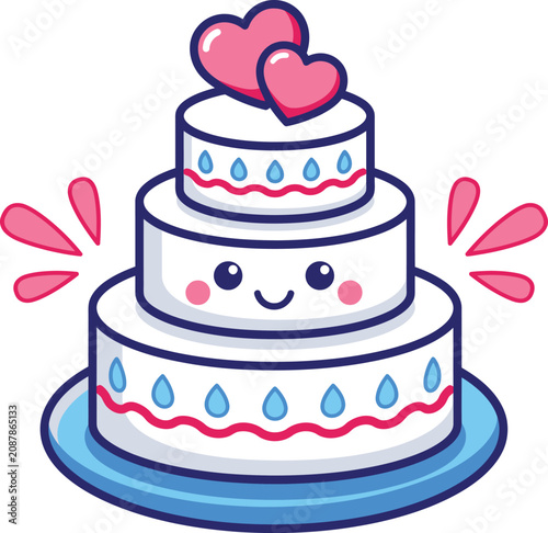 Cute kawaii three-tiered wedding cake with pink hearts and happy face.eps