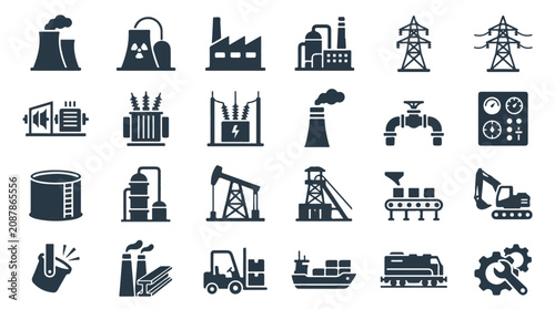 Bild auf Leinwand Modern Industrial Factory and Energy Production Icons for Manufacturing and Supp