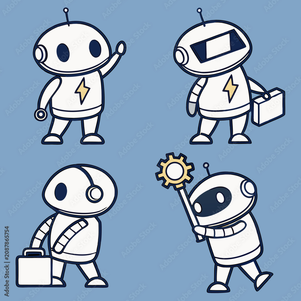 Obraz premium Set of cute white robots. Cyber characters with lightning bolts, cross sign, tick, box in hands and adjustment cogs. Artificial intelligence. Cartoon flat vector collection isolated on blue .