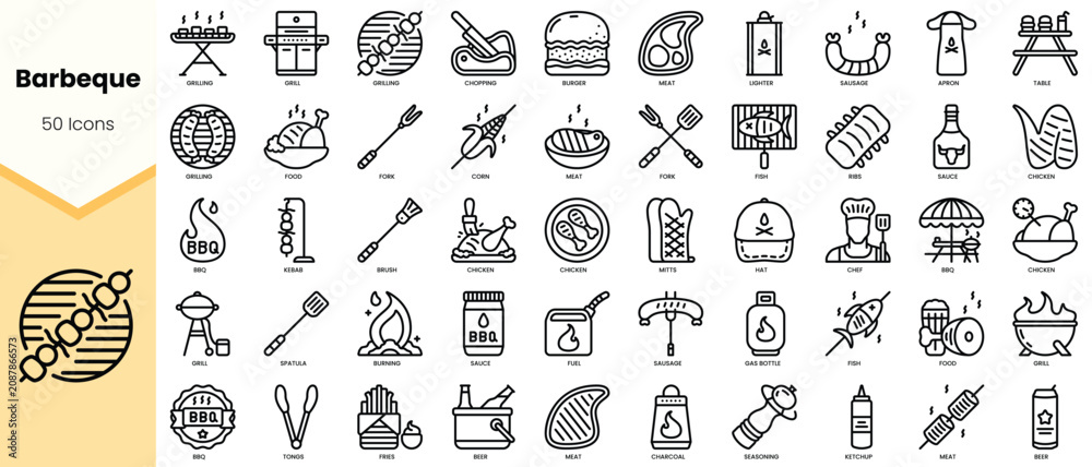 Naklejka premium A collection of 50 barbecue-themed icons showcasing various food items, equipment, and grilling tools.