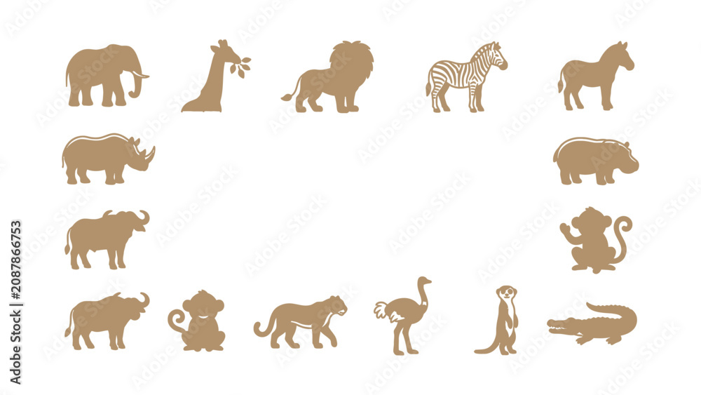Obraz premium Safari Animals Silhouettes Collection Elephant Giraffe Lion Zebra Horse Rhino Monkey Cheetah Ostrich Meerkat Crocodile