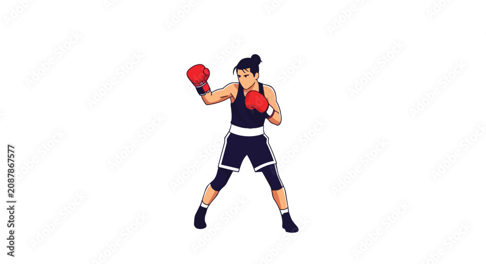 Obraz premium Professional Female Boxer Training in Fighting Stance with Red Gloves and Black Athletic Gear Sports Illustration
