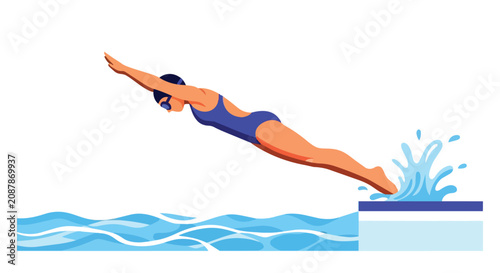 Athletic woman in blue swimsuit diving into swimming pool from platform during competitive sports workout