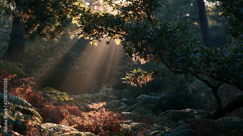 Beautiful landscape of a forest. the sunlight is shining through the trees, creating a warm glow that illuminates the scene. the trees are tall and slender, with green leaves and branches.