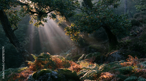 Beautiful landscape of a forest with sunlight shining through the trees. the trees are tall and slender, with green leaves and branches.