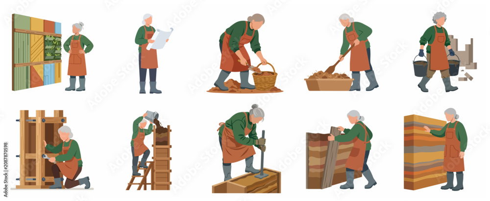 Φωτογραφία Set of senior women building rammed earth walls, sustainable construction and ec