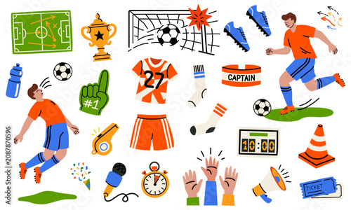 Football elements in doodle style. Sports equipment, football players in motion, soccer ball, sports uniform, cup, boots, football field, ball in goal