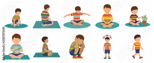 Set of Illustrations Depicting a Boy Practicing Mindfulness, Meditation, and Emotional Regulation Techniques for Kids' Mental Health and Well-being