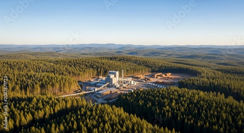 Aerial view of a large timber processing facility nestled within a dense forest, showcasing industrial operations against a clear blue sky at dawn.