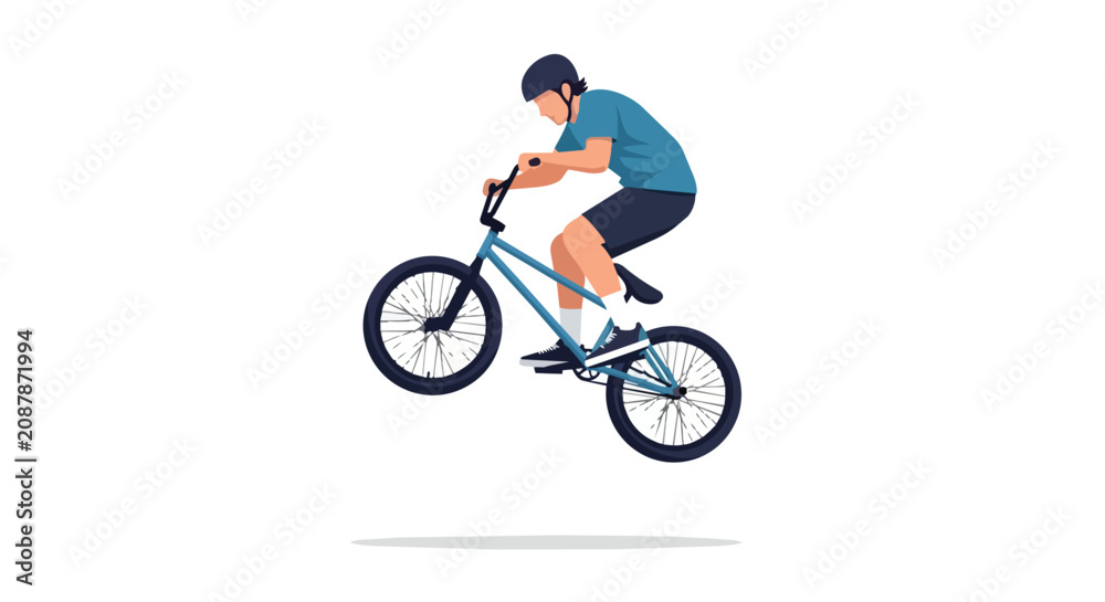 Obraz premium Young Male Cyclist Performing an Impressive BMX Bike Jump Stunt with Helmet Isolated on White Background