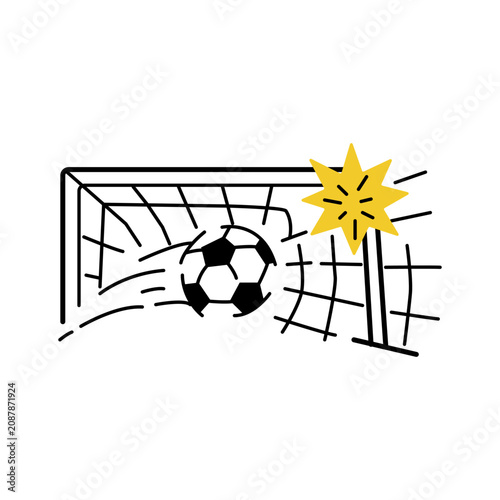 Vector illustration of a soccer ball flying into the goal, with a yellow star symbolizing a goal scored, in doodle style