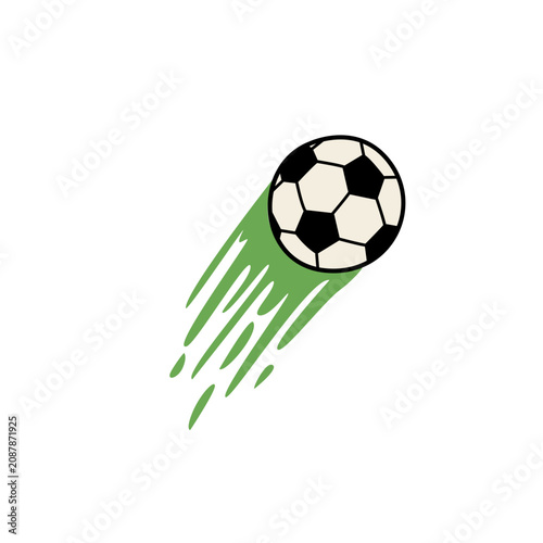 Vector illustration of a soccer ball in motion in doodle style. Soccer ball and green trail simulating speed and movement