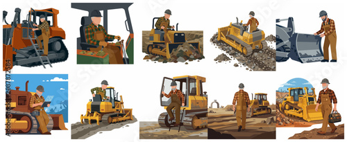 Fotografia Heavy machinery operator and bulldozer vector illustration set featuring professional construction worker in various poses and industrial earthmoving scenes