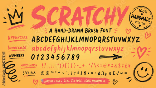 Foto Handdrawn brush font alphabet with uppercase lowercase numbers punctuation symbo