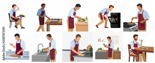 Man Working from Home and Cooking Meal Set. Vector Illustration of a Professional Multitasking in the Kitchen while Wearing a Headset.