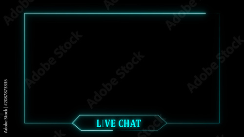 Cyan neon live chat overlay frame border on black. Social media broadcast layout. Still graphic for streaming interface and online messaging templates.