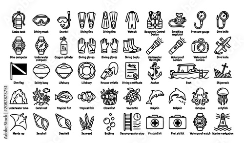 Foto Scuba Diving and Snorkeling Line Icons Set with Diving Equipment, Marine Life, S