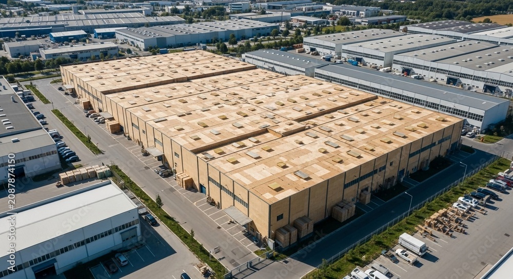 Fototapeta premium Expansive aerial view of a modern industrial warehouse complex with vast parking lots and surrounding buildings