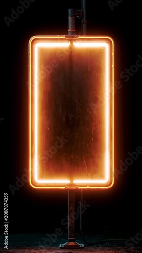 Vertical Glowing Neon Sign Board with Orange Light Pulse on Black Background