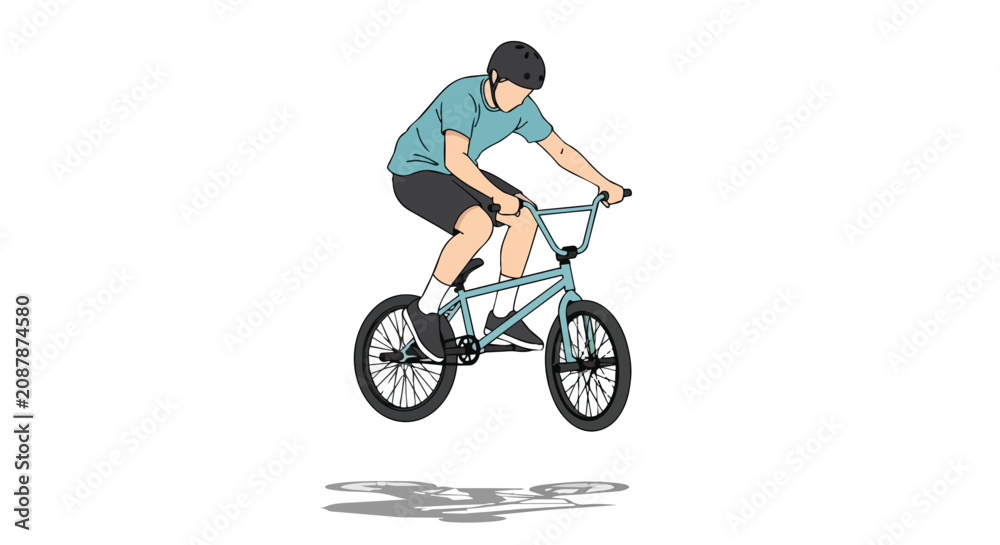 Obraz premium Young Man Doing Extreme BMX Bike Stunts Mid Air Jump Action Graphic Isolated On White For Sports Media