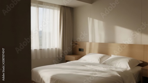 Minimalist log-style bedroom with upholstered bed and plain white bedding, soft light through sheer curtains, tranquil healing home space photography material