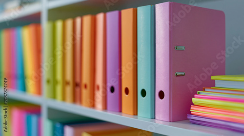 Bookshelf with a row of colorful binders on it. the binders are arranged in a neat and orderly manner, with each binder having a different color - pink, orange, yellow, green, blue, and purple.