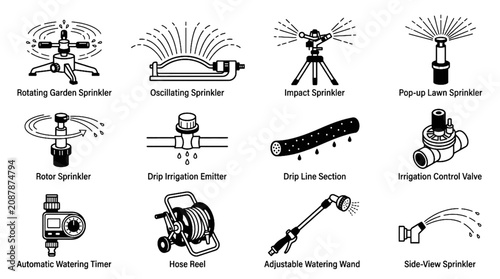 Tableau sur toile Garden Sprinkler and Irrigation System Vector Icon Set Featuring Water Sprayers