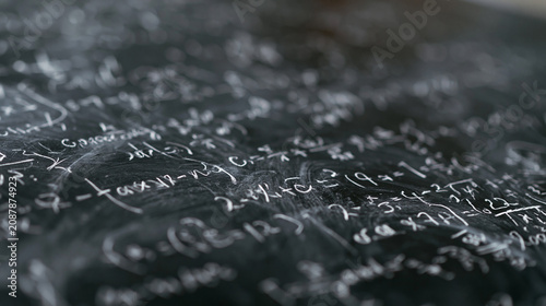 Close-up of a blackboard with various mathematical equations written on it in white chalk. the equations are written in a neat and organized manner, with some of them overlapping each other.