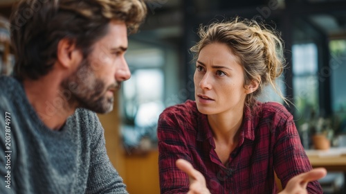 Couple having a serious discussion at home, woman expressing frustration and dissatisfaction during an intense conversation, facing relationship challenges and communication problems