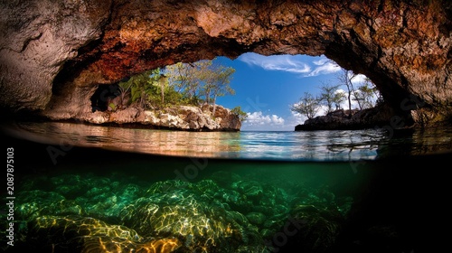 Crystal-clear underwater view of a sea cave opening to a tropical shore.