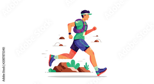 Professional Male Trail Runner Sprinting on Rocky Terrain with Hydration Vest and Sports Apparel Design