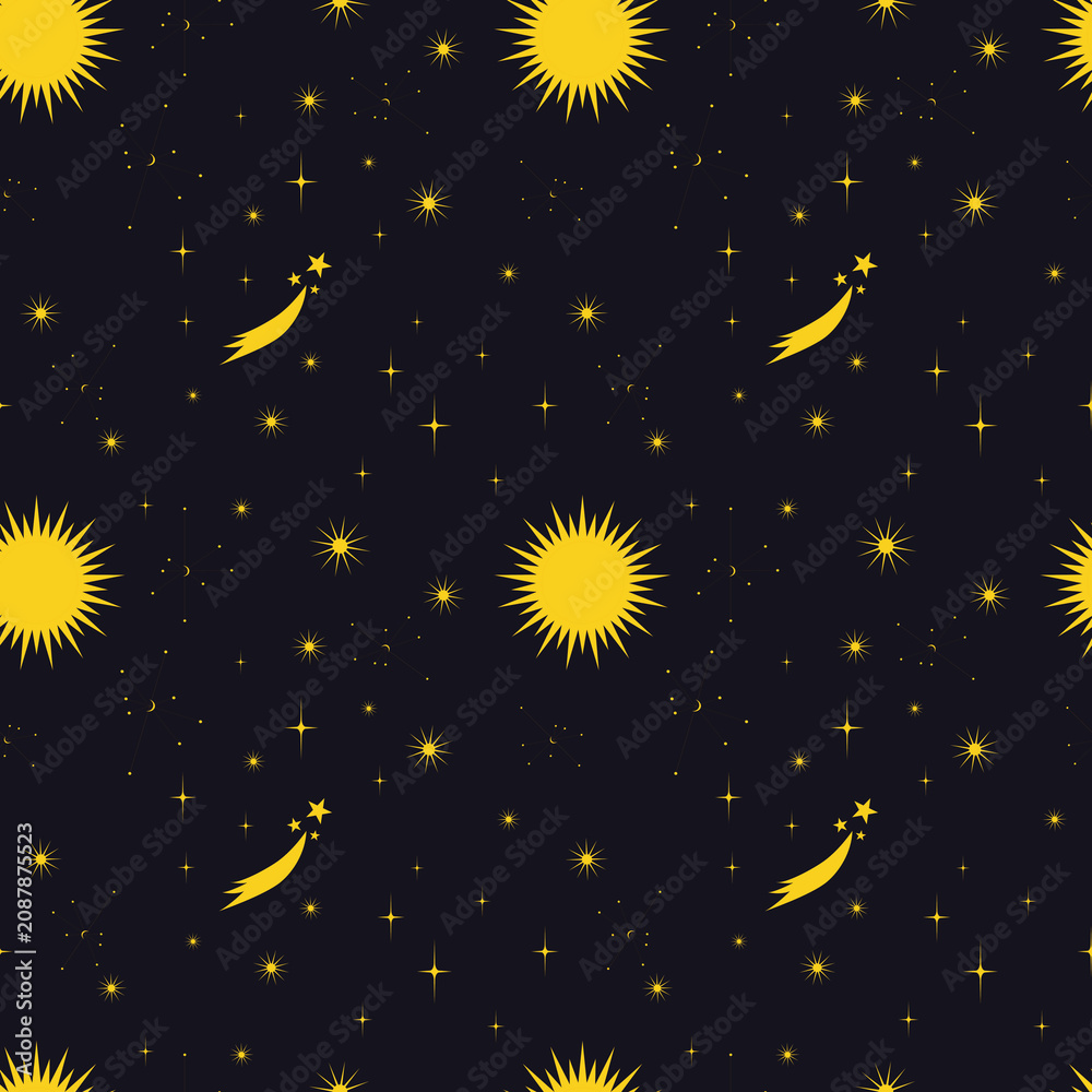 Naklejka premium Universe. A simple seamless pattern of yellow stars and a comet on a dark blue background.