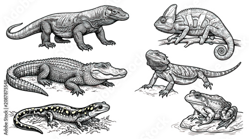 Fotografie Vintage reptile and amphibian vector set, hand drawn engraving style lizard and