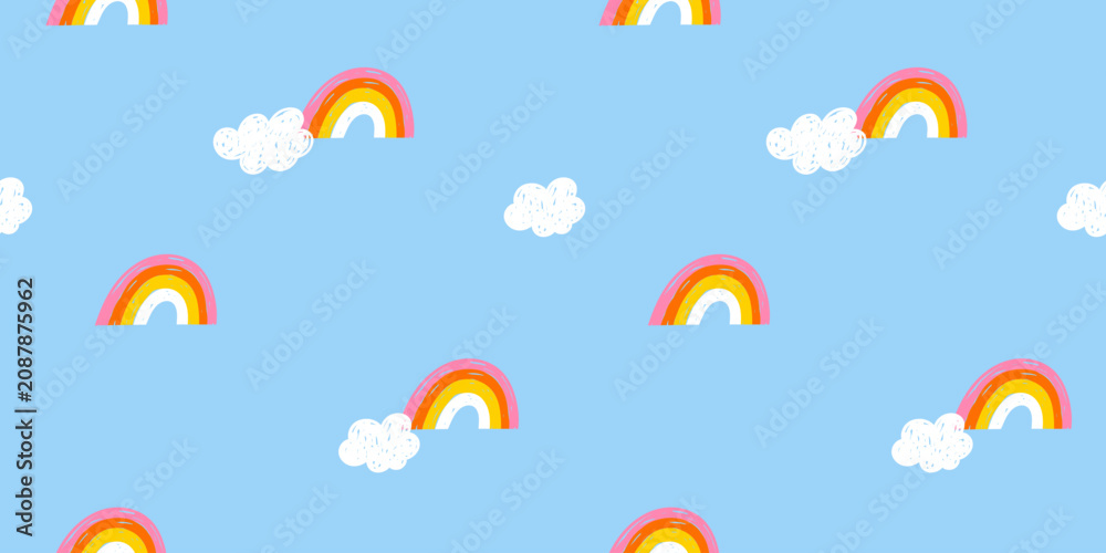 Obraz premium Seamless horizontal summer abstract pattern: rainbow with white clouds on blue background, sky; drawing, sketch, simple children's vector illustration, hand-drawn with brush in flat doodle style