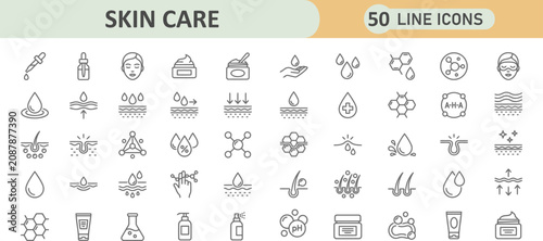 Collection of 50 thin line icons representing skincare and beauty