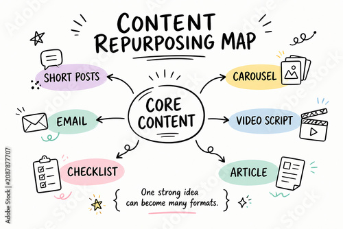 A diagram illustrates a content repurposing map showing how core content can be transformed into various formats like short posts  carousels  email  video scripts  checklists  and articles.