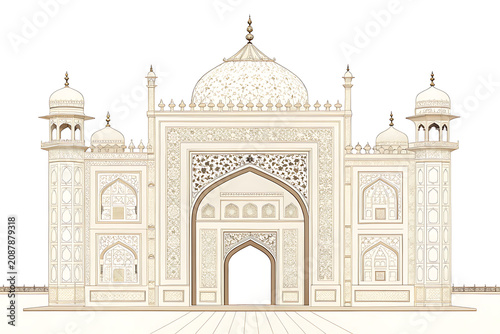 Minimal flat vector illustration of an elegant white Mughal palace gate with intricate floral carvings  ivory monochrome palette 