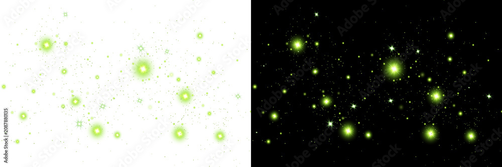Fototapeta premium Golden glowing starbursts with sparkling glitter particles and shimmering light dust isolated on a transparent background. Elegant luxury light effect for festive, holiday, and decorative designs.
