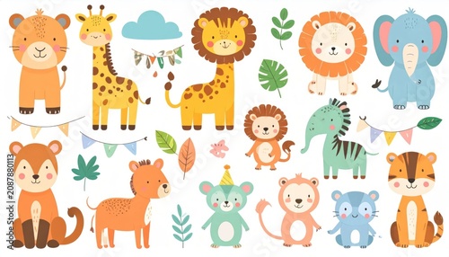 African safari animal characters with festive party decorations.