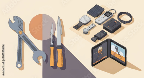 Tableau sur toile Isometric Illustration of Modern Survival Gear, Digital Gadgets and Industrial T