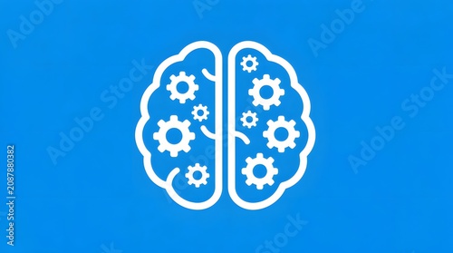 Brain outline icon featuring internal white gears illustrates the intersection of human cognitive function and machine precision on a vibrant blue background.